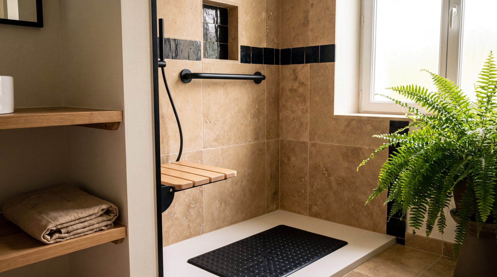 Douche à l'italienne en carrelage beige avec un siège rabattable à lattes de bois, une barre d'appui noire horizontale et un tapis antidérapant noir, une fougère près de la fenêtre